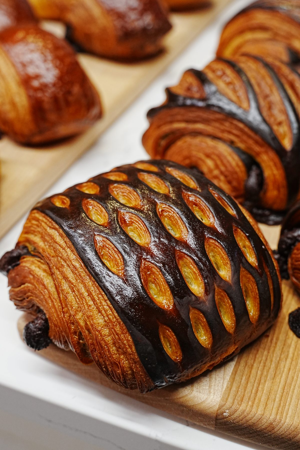 Chocolate almond croissant, lamination detail